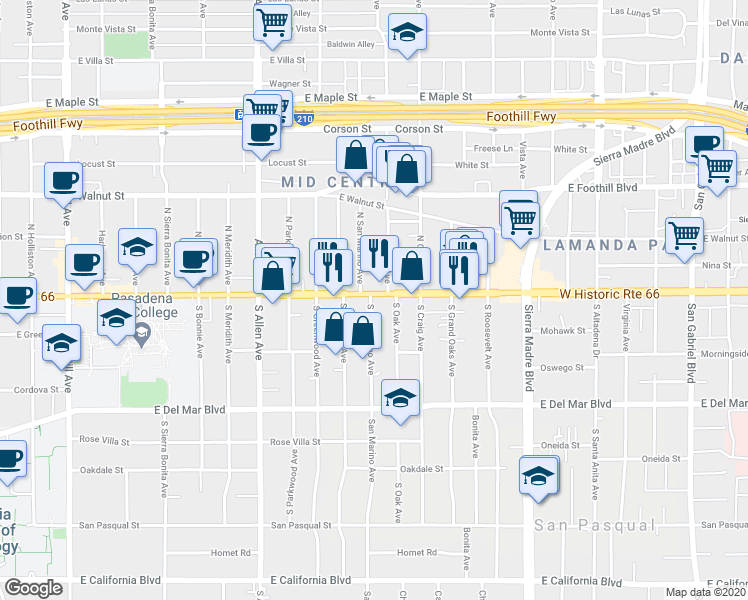 map of restaurants, bars, coffee shops, grocery stores, and more near 2044 East Colorado Boulevard in Pasadena