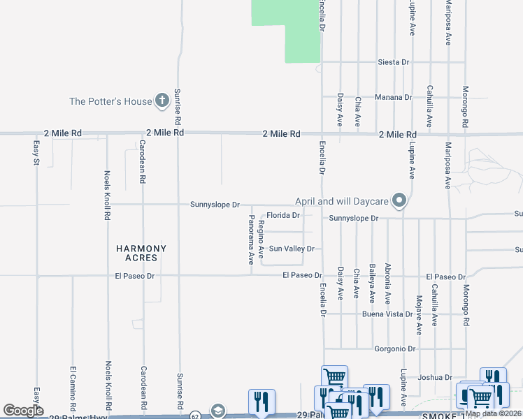 map of restaurants, bars, coffee shops, grocery stores, and more near 71502 Florida Drive in Twentynine Palms