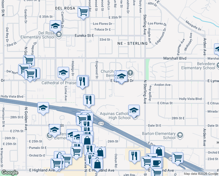 map of restaurants, bars, coffee shops, grocery stores, and more near 1777 East Lynwood Drive in San Bernardino