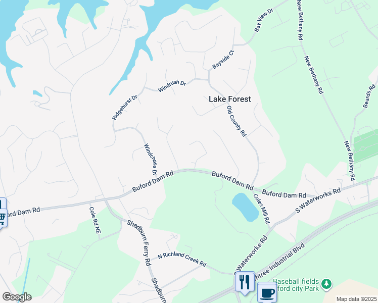 map of restaurants, bars, coffee shops, grocery stores, and more near 5707 Frontier Walk Lane Northeast in Buford