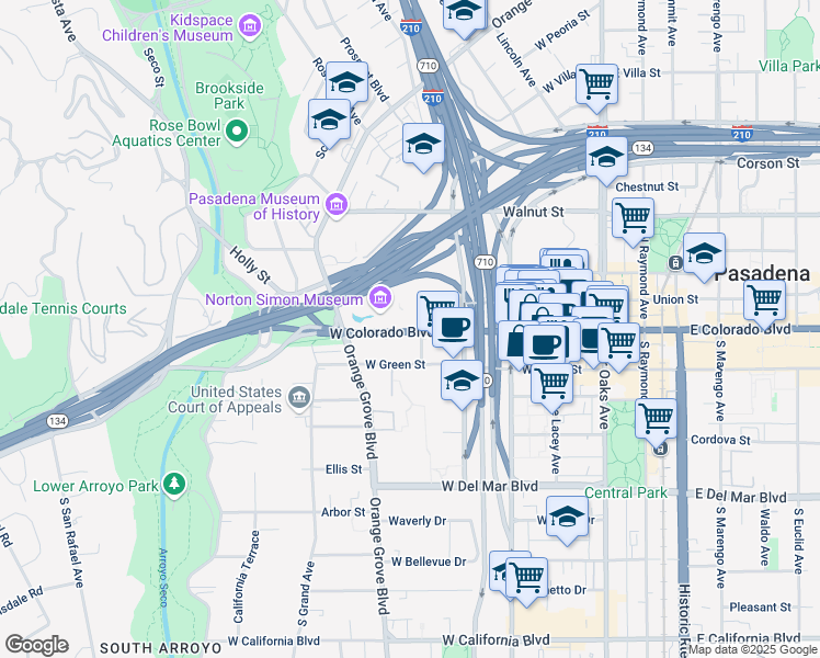 map of restaurants, bars, coffee shops, grocery stores, and more near 399 West Colorado Boulevard in Pasadena