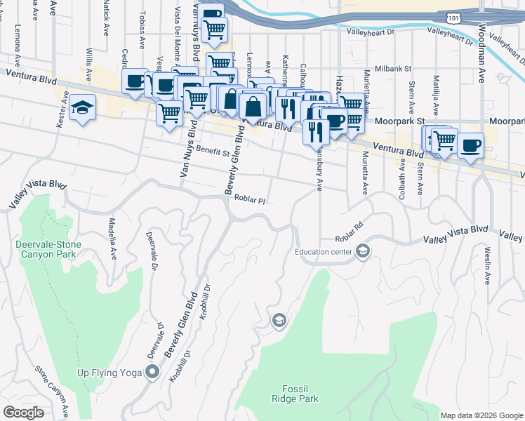 map of restaurants, bars, coffee shops, grocery stores, and more near 14285 Valley Vista Boulevard in Los Angeles
