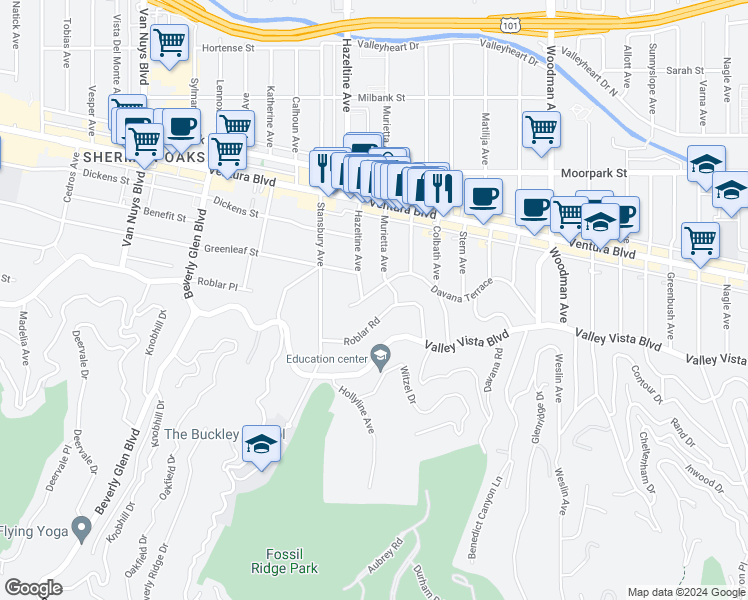 map of restaurants, bars, coffee shops, grocery stores, and more near 14052 Davana Terrace in Los Angeles
