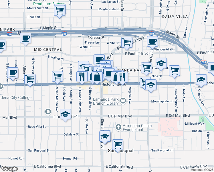 map of restaurants, bars, coffee shops, grocery stores, and more near 2400 Historic Route 66 in Pasadena