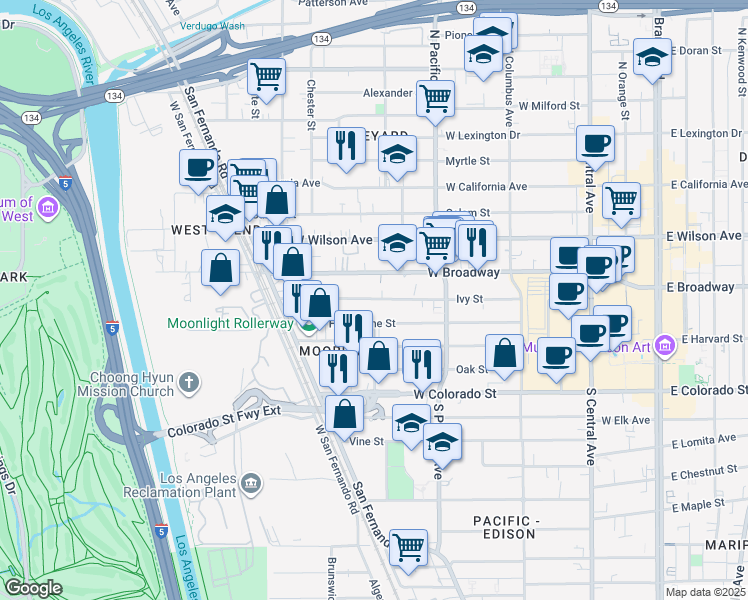 map of restaurants, bars, coffee shops, grocery stores, and more near 628 Ivy Street in Glendale