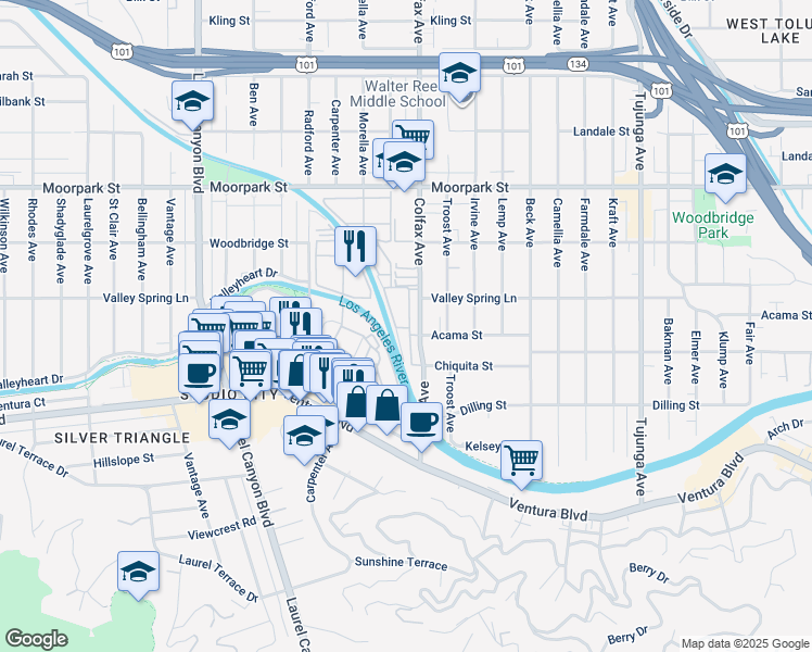 map of restaurants, bars, coffee shops, grocery stores, and more near 4185 Colfax Avenue in Los Angeles