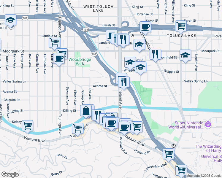 map of restaurants, bars, coffee shops, grocery stores, and more near 11044 Acama Street in Los Angeles