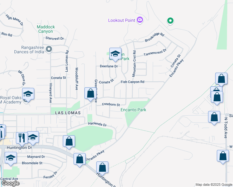map of restaurants, bars, coffee shops, grocery stores, and more near 3073 Fish Canyon Road in Duarte