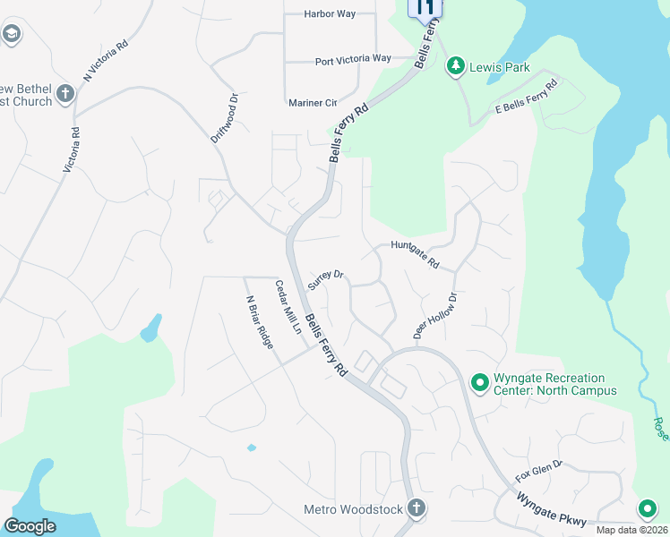 map of restaurants, bars, coffee shops, grocery stores, and more near 7034 Surrey Drive in Woodstock