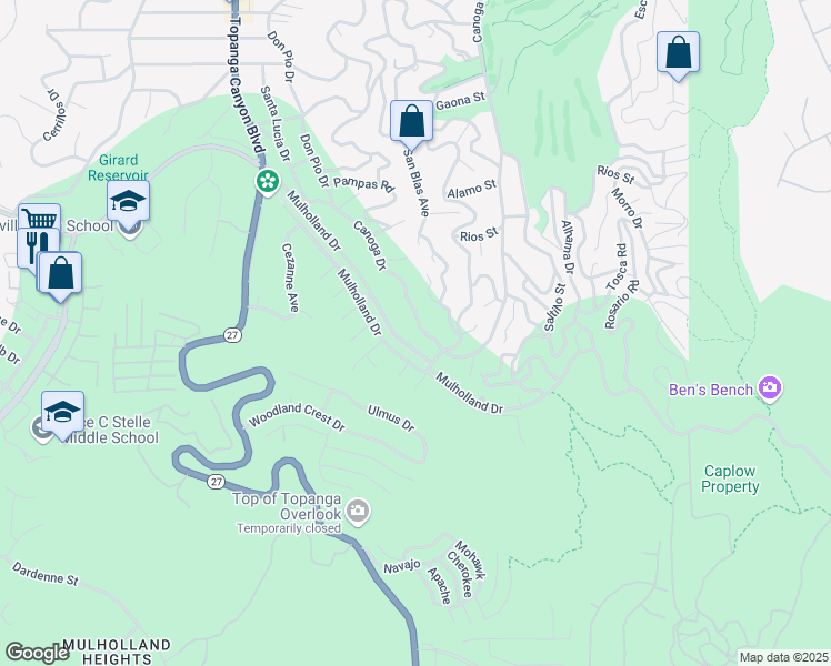 map of restaurants, bars, coffee shops, grocery stores, and more near 4235 Canoga Drive in Los Angeles