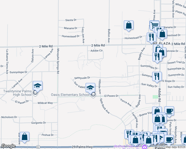 map of restaurants, bars, coffee shops, grocery stores, and more near 73184 Sunnyvale Drive in Twentynine Palms
