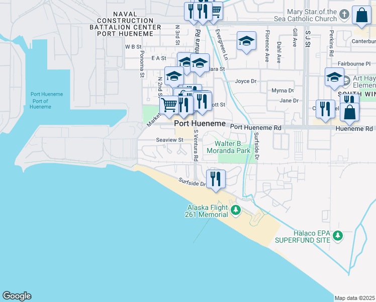 map of restaurants, bars, coffee shops, grocery stores, and more near 225 South Ventura Road in Port Hueneme