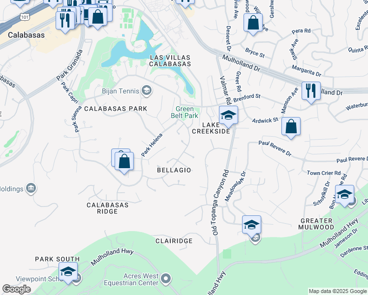 map of restaurants, bars, coffee shops, grocery stores, and more near 23160 Park Blanco in Calabasas