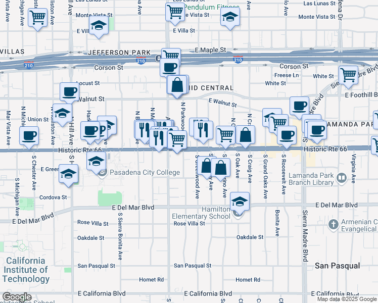 map of restaurants, bars, coffee shops, grocery stores, and more near 1890 East Colorado Boulevard in Pasadena