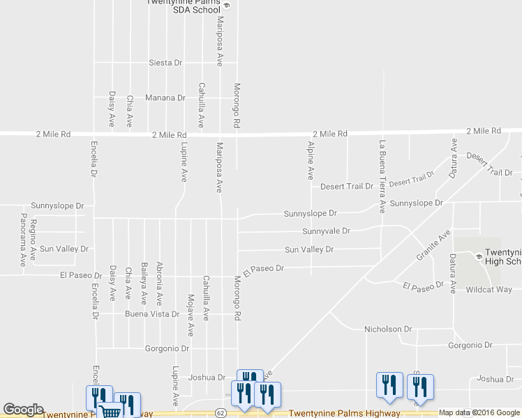 map of restaurants, bars, coffee shops, grocery stores, and more near 72166 Sunnyslope Drive in Twentynine Palms