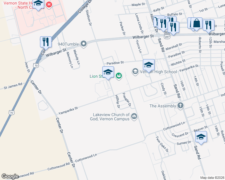 map of restaurants, bars, coffee shops, grocery stores, and more near 2001-2199 Stadium Drive in Vernon