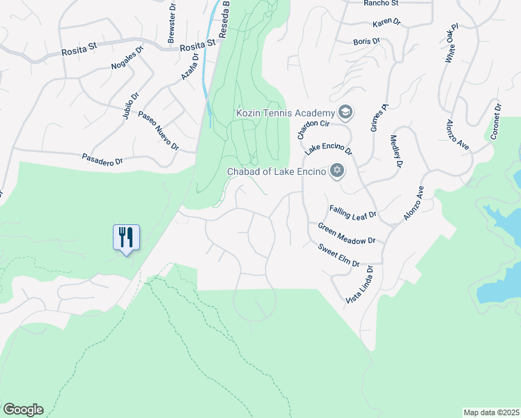 map of restaurants, bars, coffee shops, grocery stores, and more near 18419 Saint Moritz Drive in Los Angeles