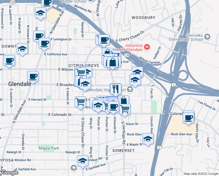 map of restaurants, bars, coffee shops, grocery stores, and more near 1338 East Broadway in Glendale