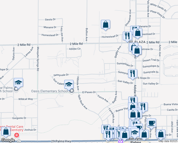 map of restaurants, bars, coffee shops, grocery stores, and more near 73318 Sunnyvale Drive in Twentynine Palms