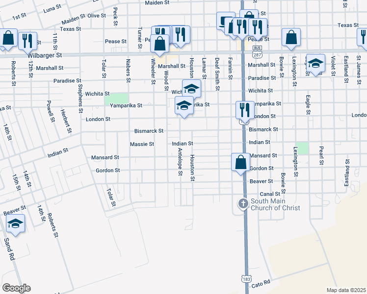 map of restaurants, bars, coffee shops, grocery stores, and more near 2229 Indian Street in Vernon
