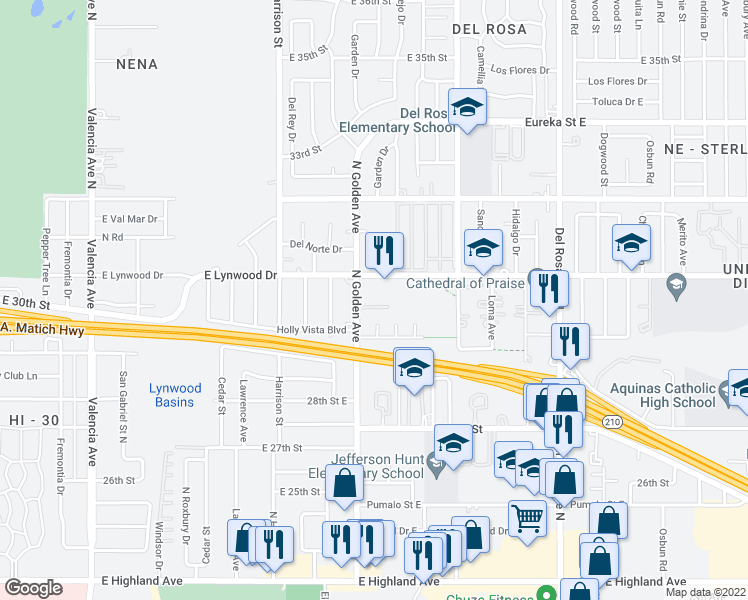 map of restaurants, bars, coffee shops, grocery stores, and more near 3055 North Golden Avenue in San Bernardino