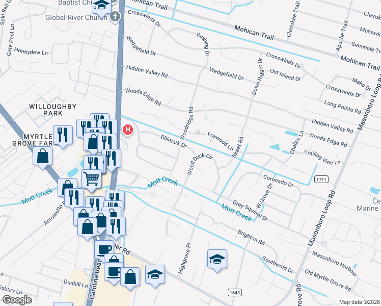 map of restaurants, bars, coffee shops, grocery stores, and more near 749 Billmark Drive in Wilmington