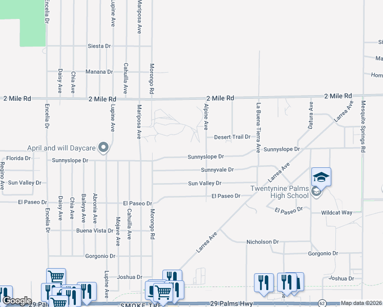 map of restaurants, bars, coffee shops, grocery stores, and more near 72244 Sunnyslope Drive in Twentynine Palms