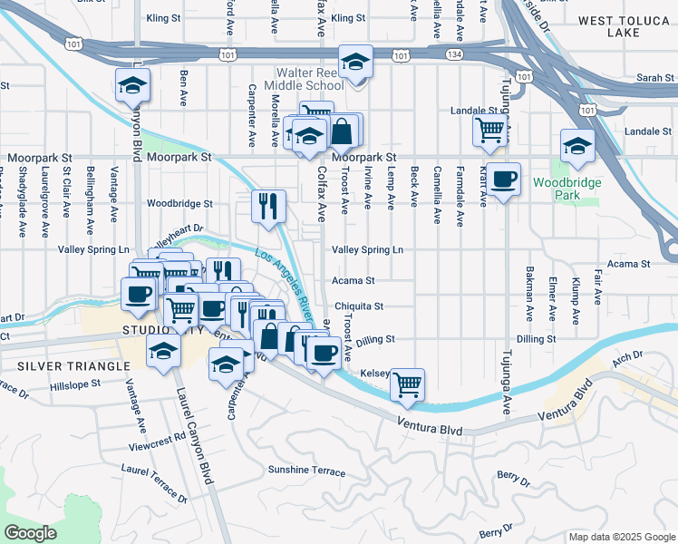 map of restaurants, bars, coffee shops, grocery stores, and more near 4220 Colfax Avenue in Los Angeles