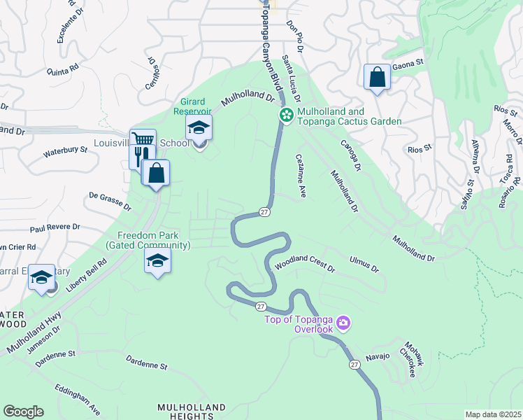 map of restaurants, bars, coffee shops, grocery stores, and more near North Topanga Canyon Boulevard in Los Angeles County