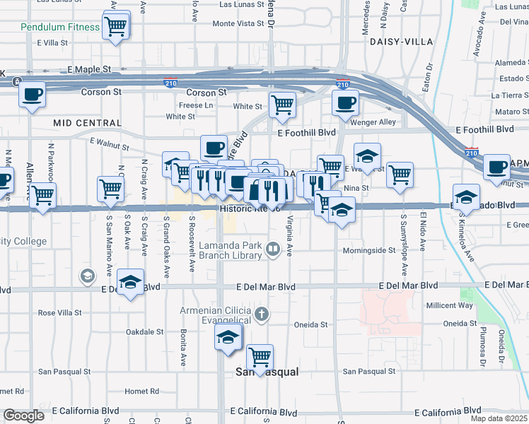 map of restaurants, bars, coffee shops, grocery stores, and more near 2472 East Colorado Boulevard in Pasadena