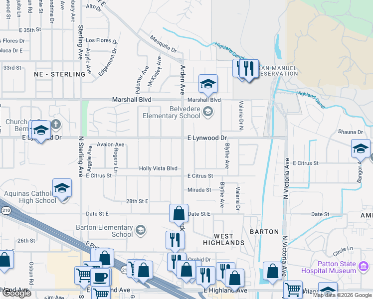 map of restaurants, bars, coffee shops, grocery stores, and more near 5947 Arden Avenue in Highland
