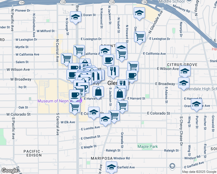 map of restaurants, bars, coffee shops, grocery stores, and more near 410 East Broadway in Glendale