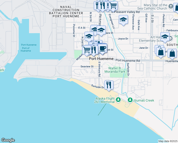 map of restaurants, bars, coffee shops, grocery stores, and more near 233 South Ventura Road in Port Hueneme