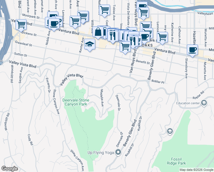 map of restaurants, bars, coffee shops, grocery stores, and more near 14632 Valley Vista Boulevard in Los Angeles