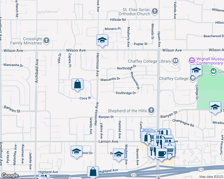 map of restaurants, bars, coffee shops, grocery stores, and more near 10194 Thorpe Court in Rancho Cucamonga