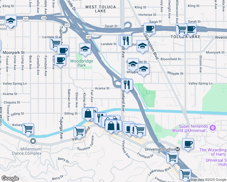 map of restaurants, bars, coffee shops, grocery stores, and more near 11044 Acama Street in Los Angeles