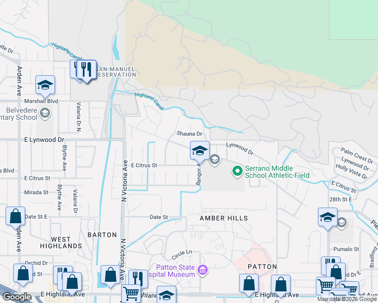 map of restaurants, bars, coffee shops, grocery stores, and more near 3061 Piedmont Drive in Highland