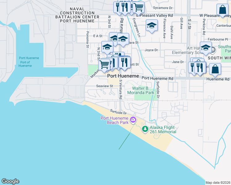 map of restaurants, bars, coffee shops, grocery stores, and more near 225 South Ventura Road in Port Hueneme