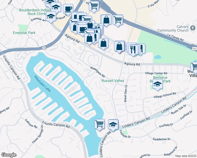 map of restaurants, bars, coffee shops, grocery stores, and more near in Westlake Village