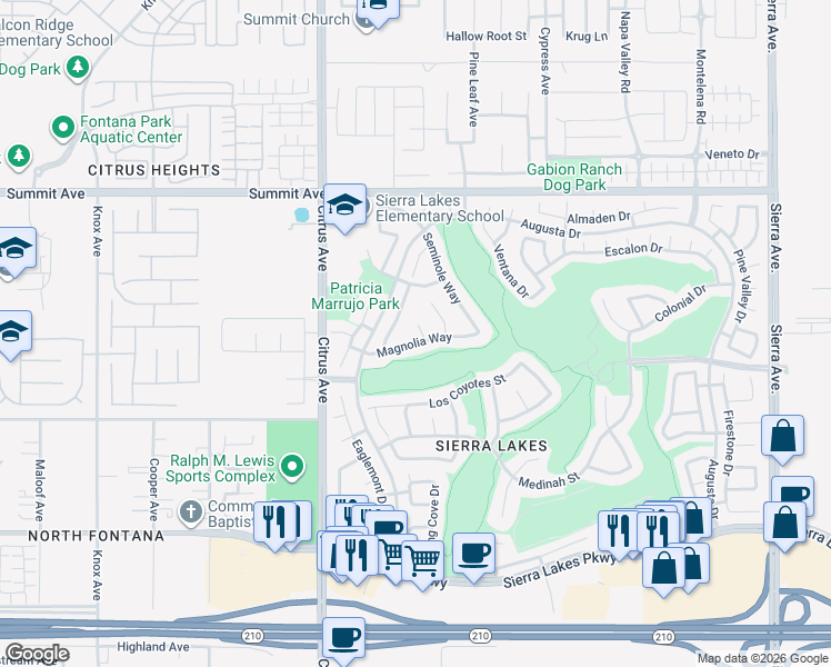 map of restaurants, bars, coffee shops, grocery stores, and more near 5942 Lakeside Court in Fontana