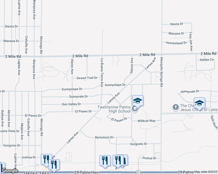 map of restaurants, bars, coffee shops, grocery stores, and more near 72547 Sunnyslope Drive in Twentynine Palms