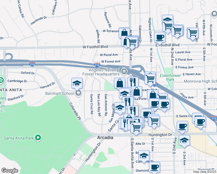 map of restaurants, bars, coffee shops, grocery stores, and more near 143 Colorado Boulevard in Arcadia