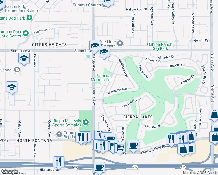 map of restaurants, bars, coffee shops, grocery stores, and more near 5952 Wilshire Drive in Fontana