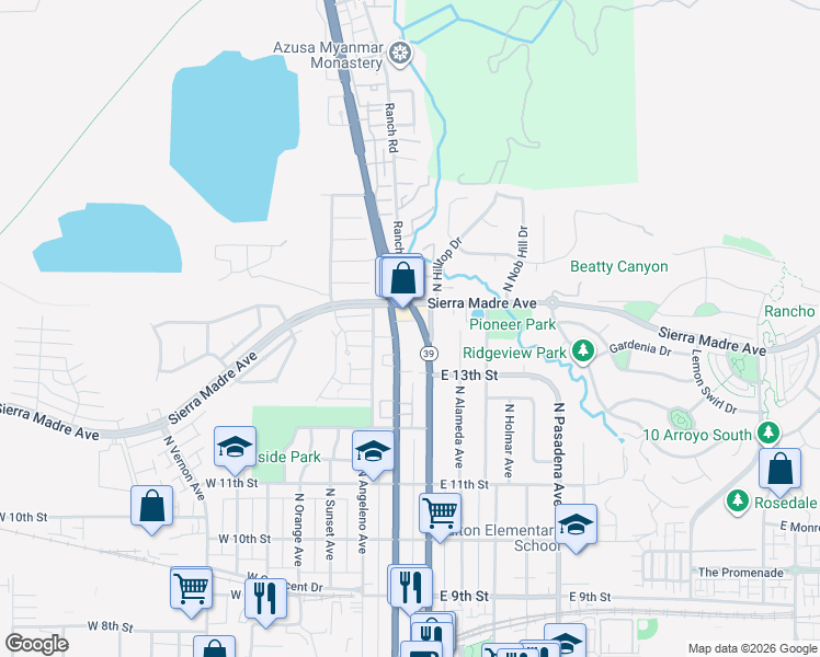 map of restaurants, bars, coffee shops, grocery stores, and more near 1362 North Azusa Drive in Azusa
