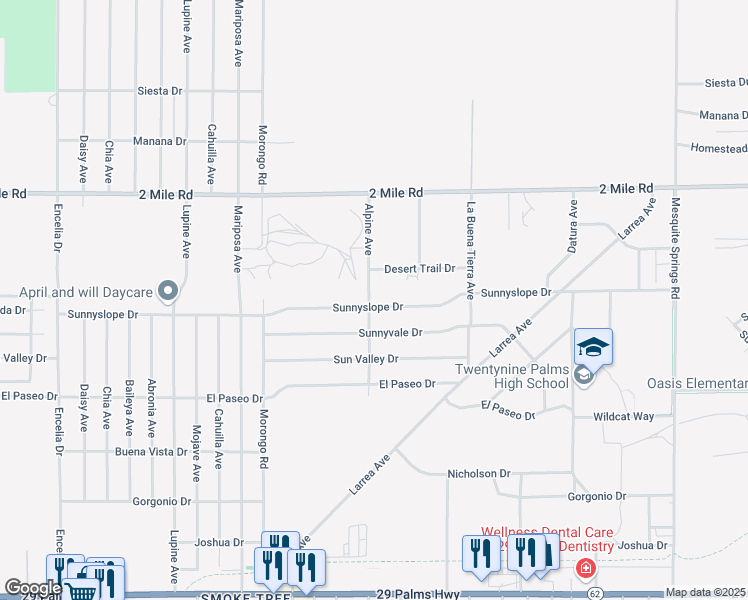 map of restaurants, bars, coffee shops, grocery stores, and more near 5925 Alpine Avenue in Twentynine Palms