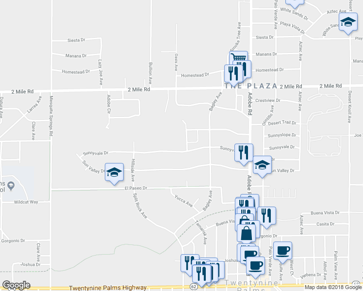 map of restaurants, bars, coffee shops, grocery stores, and more near 73382 Sunnyvale Drive in Twentynine Palms