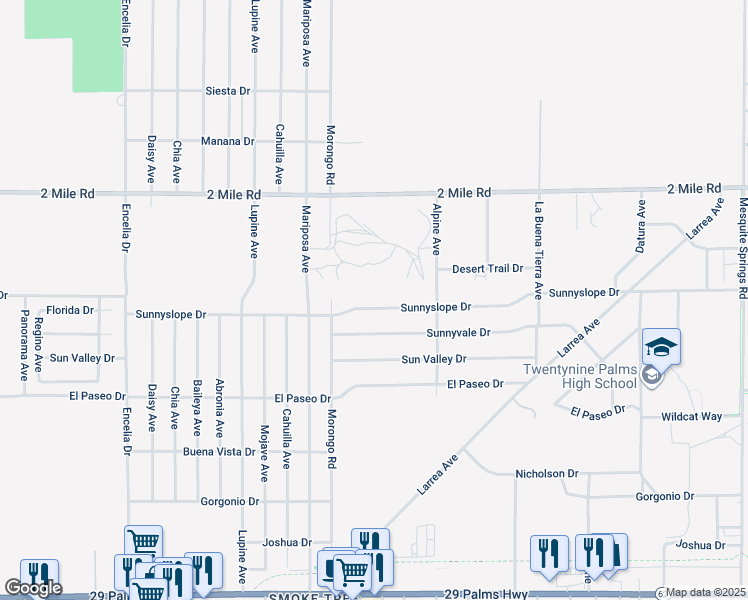 map of restaurants, bars, coffee shops, grocery stores, and more near 72166 Sunnyslope Drive in Twentynine Palms