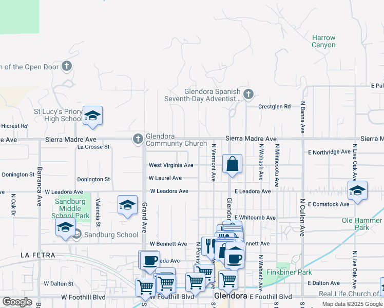 map of restaurants, bars, coffee shops, grocery stores, and more near 628 North Washington Avenue in Glendora