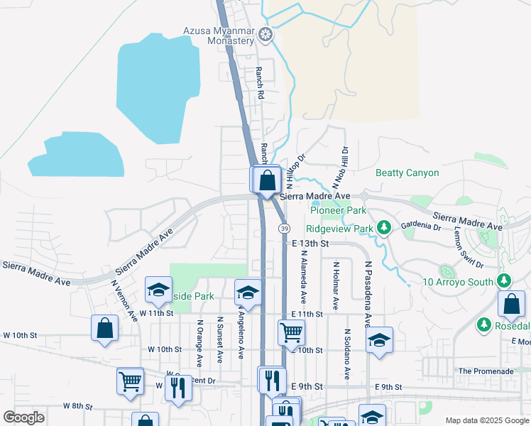 map of restaurants, bars, coffee shops, grocery stores, and more near 1345 North San Gabriel Avenue in Azusa
