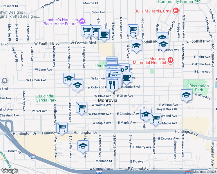map of restaurants, bars, coffee shops, grocery stores, and more near 125 West Colorado Boulevard in Monrovia